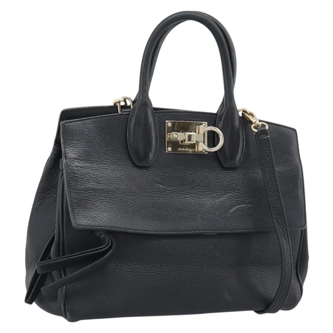 Salvatore Ferragamo Gancini Studio 2way Leather Handbag Black Gold: Salvatore Ferragamo Gancini Studio 2way Leather Handbag Black Gold Salvatore Ferragamo Gancini Studio 2-way handbag in black leather with gold-tone accents. Designed for women and made in Italy, this 