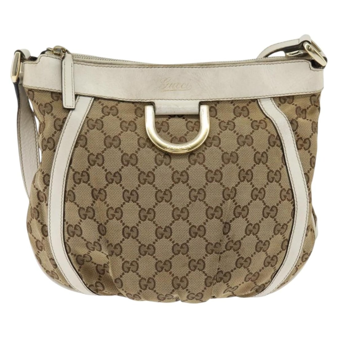 Gucci D Ring Messenger Bag in Beige GG Canvas Leather: Gucci D Ring Messenger Bag in Beige GG Canvas Leather This pre-owned Gucci D Ring Messenger Bag features beige GG canvas with leather accents. Designed for women, it measures 30cm x 25cm x 30cm. The b