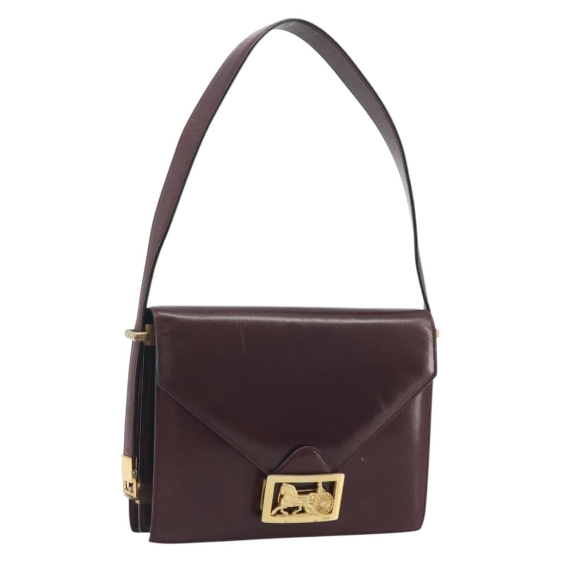 CELINE Bordeaux Leather Shoulder Bag Gold Tone Italy: CELINE Bordeaux Leather Shoulder Bag Gold Tone Italy Authentic CELINE shoulder bag in bordeaux leather with gold-tone accents. This women's bag was made in Italy and is offered in heavily used conditi