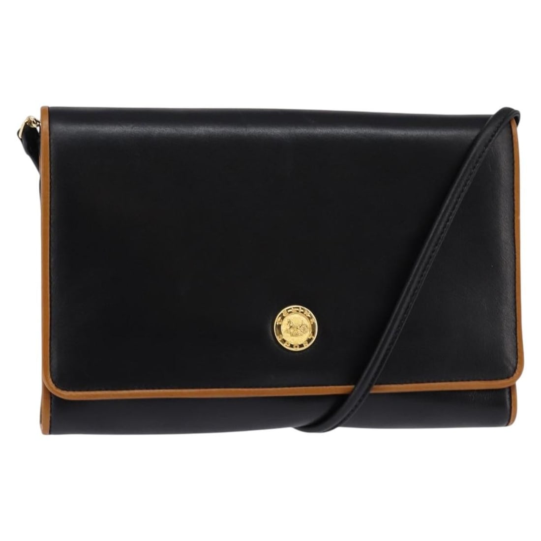 CELINE Black Gold Leather Shoulder Bag Auth BA5688 Italy 9.4x5.5: CELINE Black Gold Leather Shoulder Bag Auth BA5688 Italy 9.4x5.5 This sophisticated CELINE Shoulder Bag is crafted from high-quality leather, showcasing a striking black and gold exterior. The bag fea