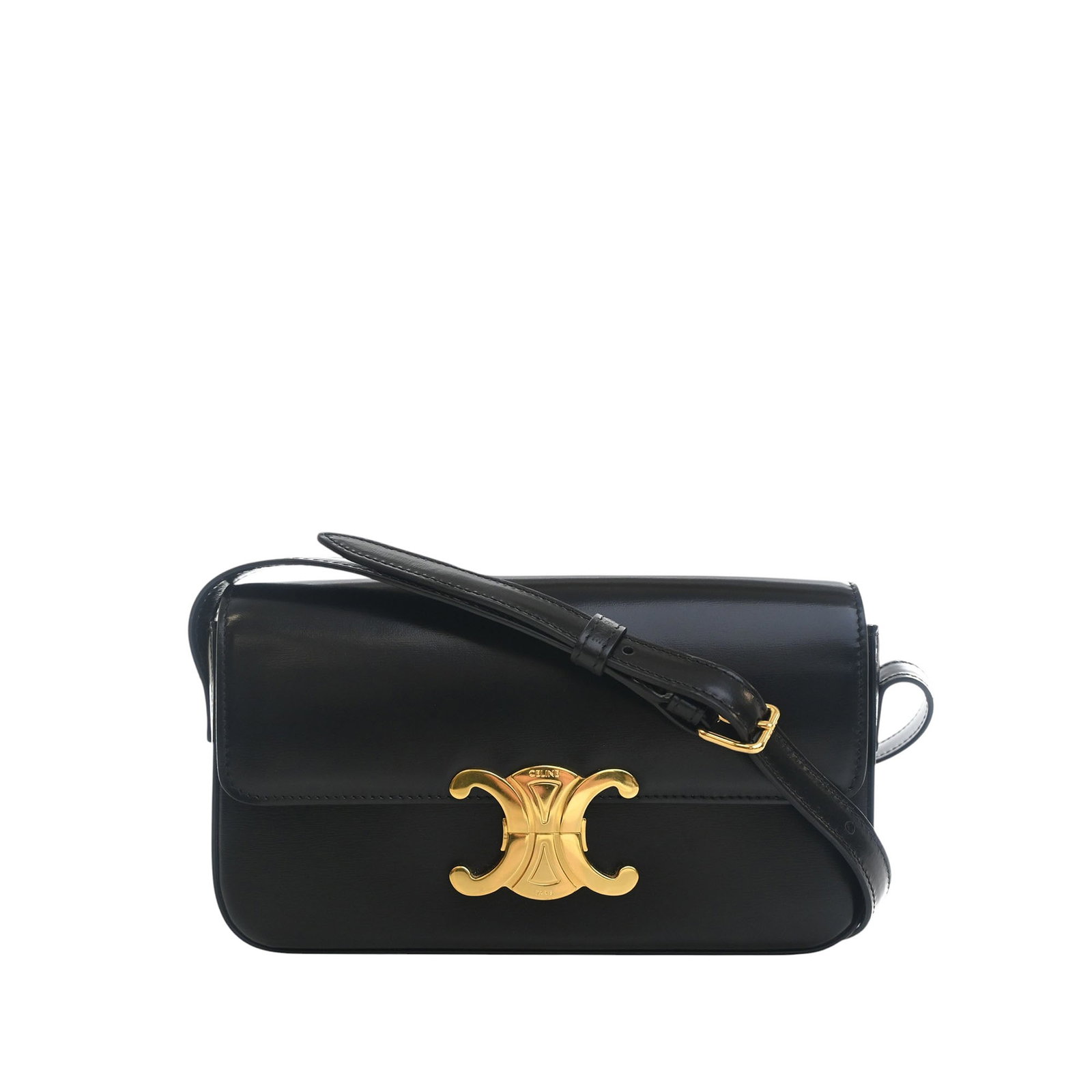 Celine Triomphe Claude Black Leather Shoulder Bag: Celine Triomphe Claude Black Leather Shoulder Bag Celine Triomphe Claude shoulder bag in shiny calfskin leather with a structured flap-front design and magnetic closure. The bag features an adjustable