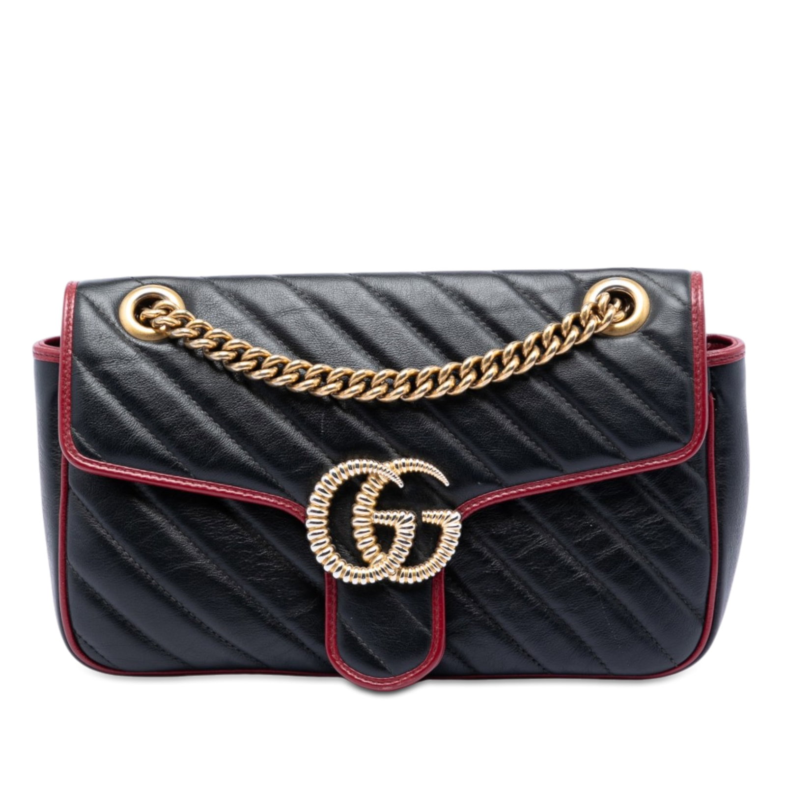 Gucci GG Marmont Medium Torchon Shoulder Bag in Black Leather: Gucci GG Marmont Medium Torchon Shoulder Bag in Black Leather Gucci Medium GG Marmont Matelasse Diagonal Torchon shoulder bag in black leather with a front flap push-lock closure, leather and chain sh
