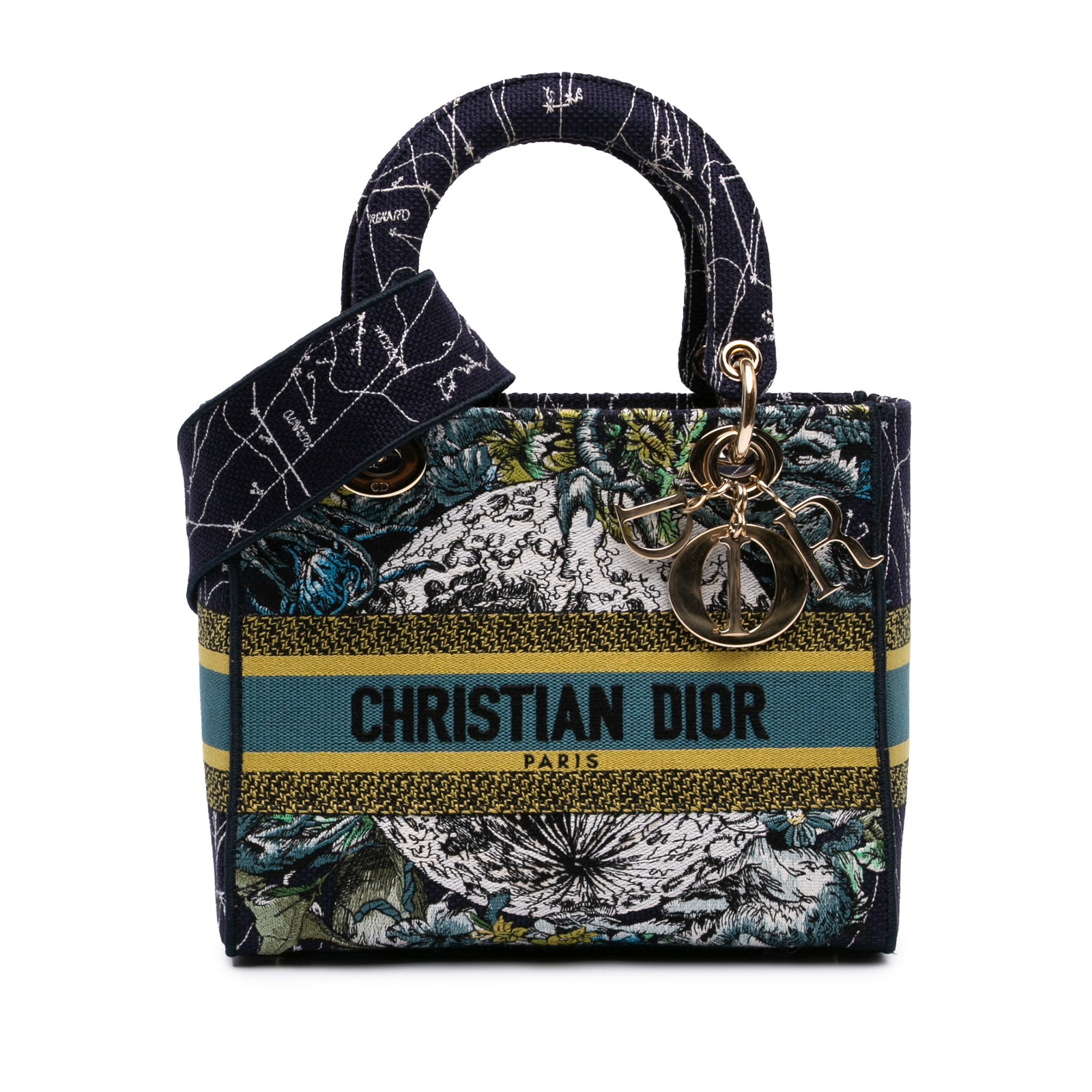 Dior Zodiac Lady D Lite Medium Blue Embroidered Canvas Bag: Dior Zodiac Lady D Lite Medium Blue Embroidered Canvas Bag Medium Lady D-Lite bag in embroidered canvas with the Zodiac design. This structured bag features top handles, a detachable flat strap, an op