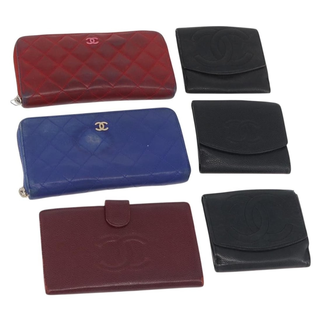 Set of 6 CHANEL leather wallets in blue black red: Set of 6 CHANEL leather wallets in blue black red Set of 6 women's leather wallets in blue, black, and red. These wallets are customized with repainting and made in France. This bundle is heavily used