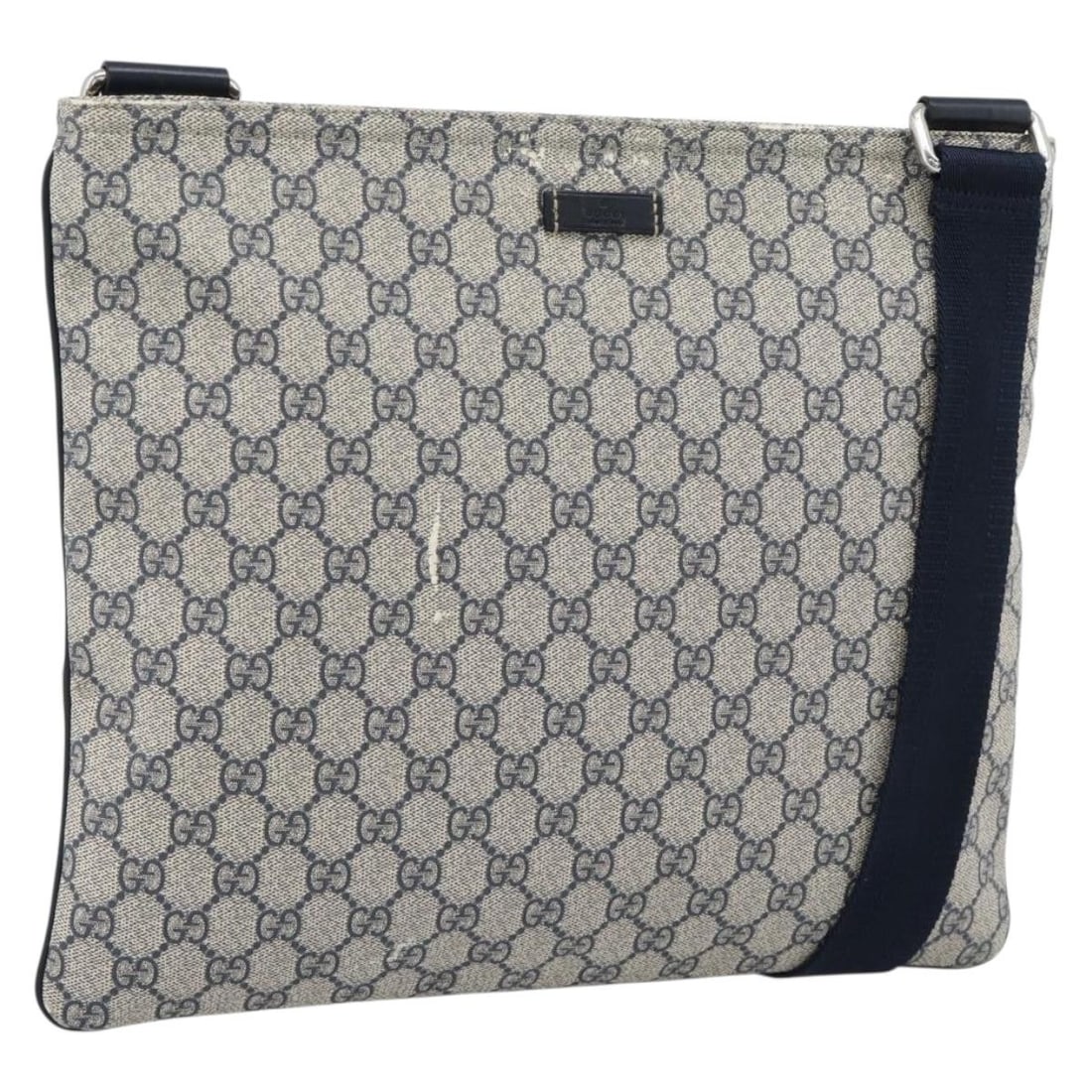 GUCCI 201446 GG Supreme PVC Leather Shoulder Bag Navy Silver: GUCCI 201446 GG Supreme PVC Leather Shoulder Bag Navy Silver This Gucci shoulder bag is crafted from PVC leather and GG canvas in a navy and silver colorway. Made in Italy, it features a slim profile 