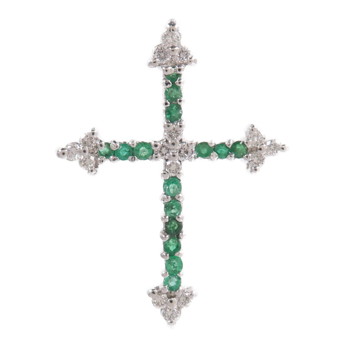 18K White Gold Emerald Diamond Pendant Top: 18K White Gold Emerald Diamond Pendant Top 18K white gold pendant top featuring an emerald and diamond design in green and clear tones. This women's jewelry piece is offered in condition B with reason