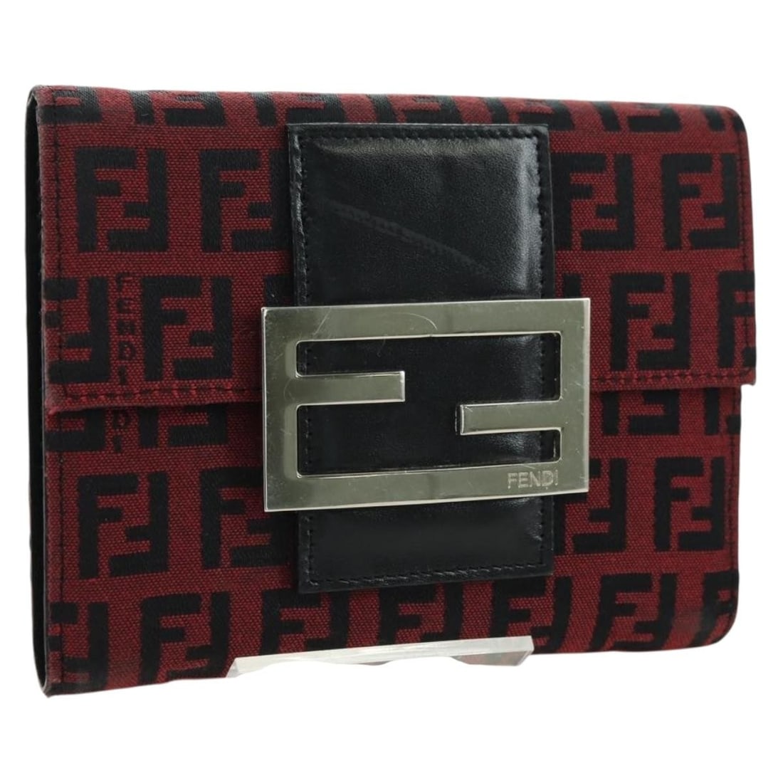 FENDI bifold wallet in red Zucchino canvas with silver tone box: FENDI bifold wallet in red Zucchino canvas with silver tone box Fendi bifold wallet in red and silver Zucchino canvas. Made in Italy, this women's wallet includes the item box. Condition is AB, descri