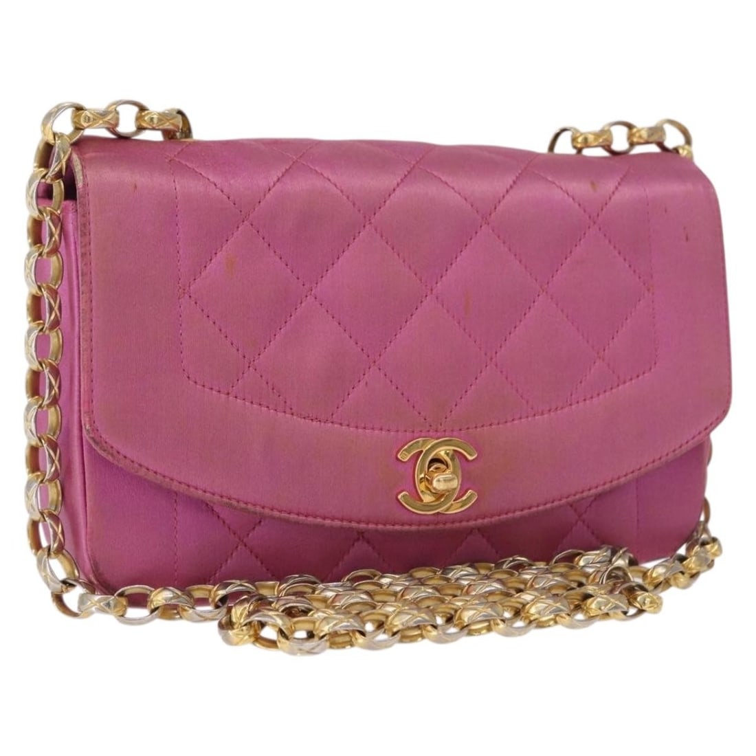 CHANEL CC Pink Satin Shoulder Bag with Chain Strap: CHANEL CC Pink Satin Shoulder Bag with Chain Strap Chanel Matelasse chain shoulder bag in pink and gold satin. This women's shoulder bag is made in Italy and includes only the bag shown; the original 