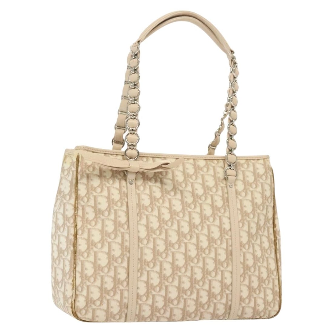 Christian Dior Romantic Chain Tote Bag Beige Trotter Canvas PVC Leather: Christian Dior Romantic Chain Tote Bag Beige Trotter Canvas PVC Leather Christian Dior tote bag in beige and silver, made from PVC leather and Trotter canvas. Crafted in Italy, this women's bag featur