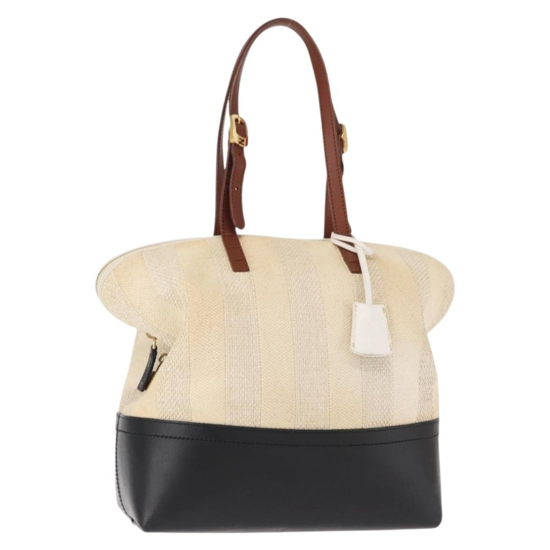 Fendi Pecan Canvas Tote Bag Beige Black Gold Authentic Made in Italy: Fendi Pecan Canvas Tote Bag Beige Black Gold Authentic Made in Italy This Fendi Pecan Canvas Tote Bag is a stylish accessory that combines luxury and functionality. Crafted in Italy, it features a chi