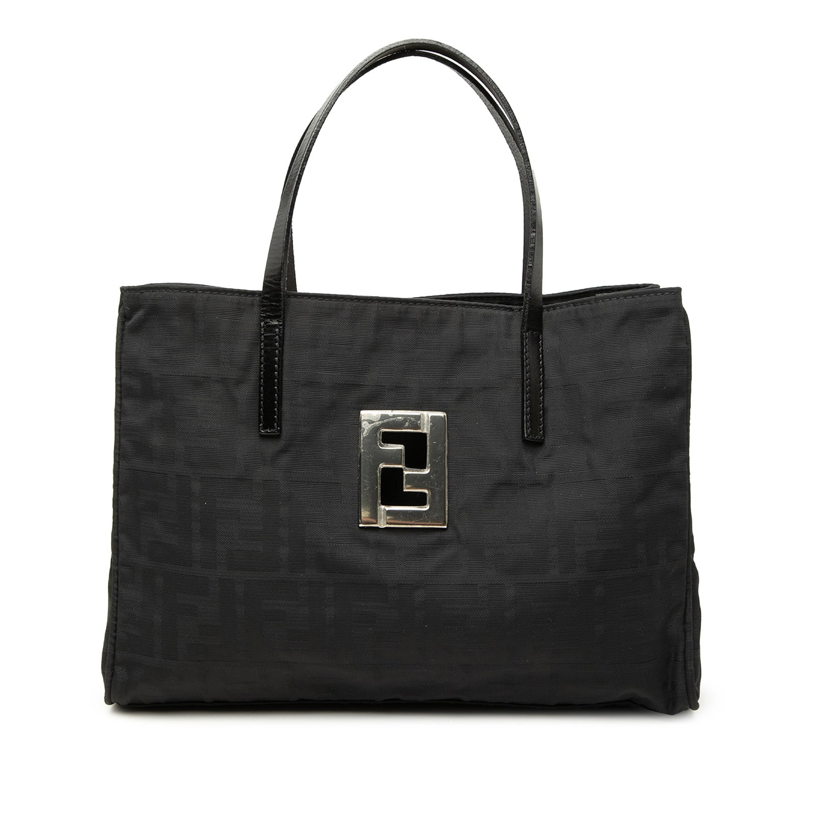 Fendi Zucca Tote Bag in Black Canvas with Leather Straps: Fendi Zucca Tote Bag in Black Canvas with Leather Straps Fendi Zucca Canvas Tote in black, made in Italy. This bag features a canvas body with flat leather straps, an open top, an interior zip compart