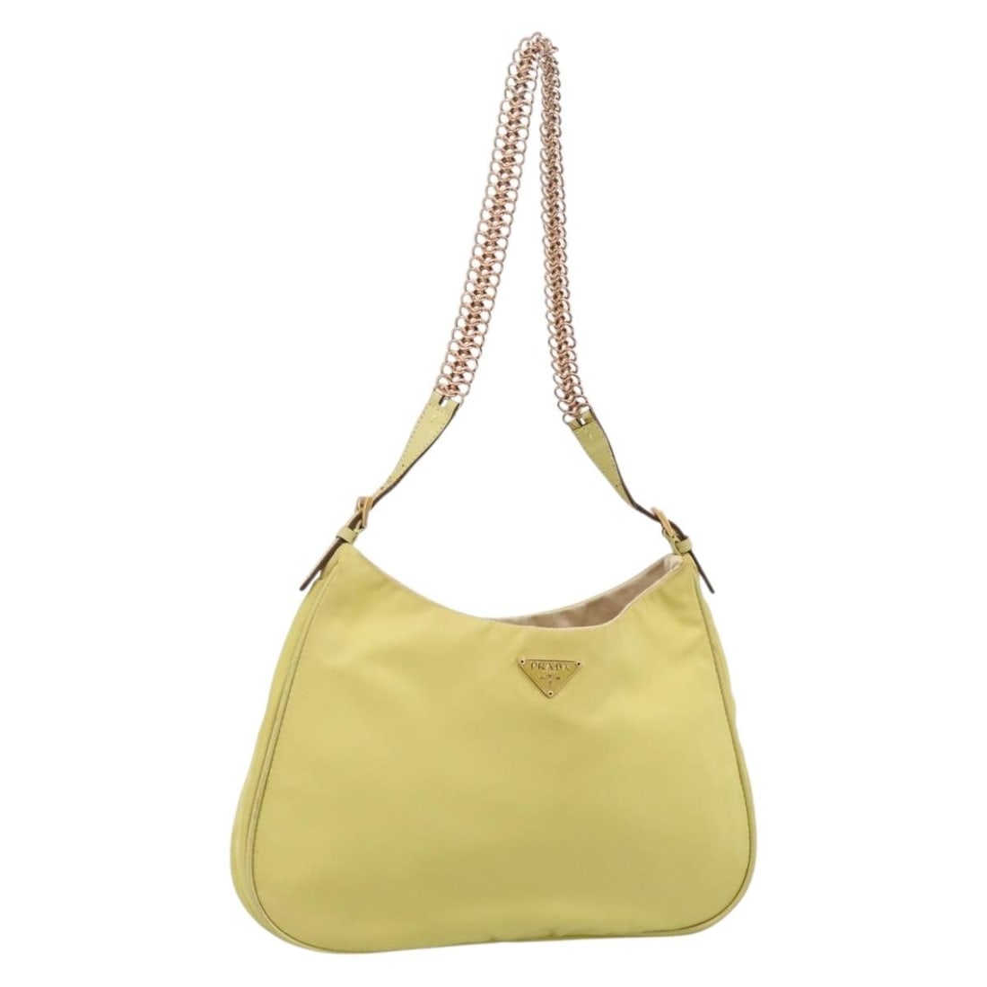 PRADA Yellow Nylon Shoulder Bag with Gold Tone Chain: PRADA Yellow Nylon Shoulder Bag with Gold Tone Chain Authentic Prada chain shoulder bag in yellow nylon with gold-tone accents. This women's shoulder bag is made in Italy and includes only the bag sho