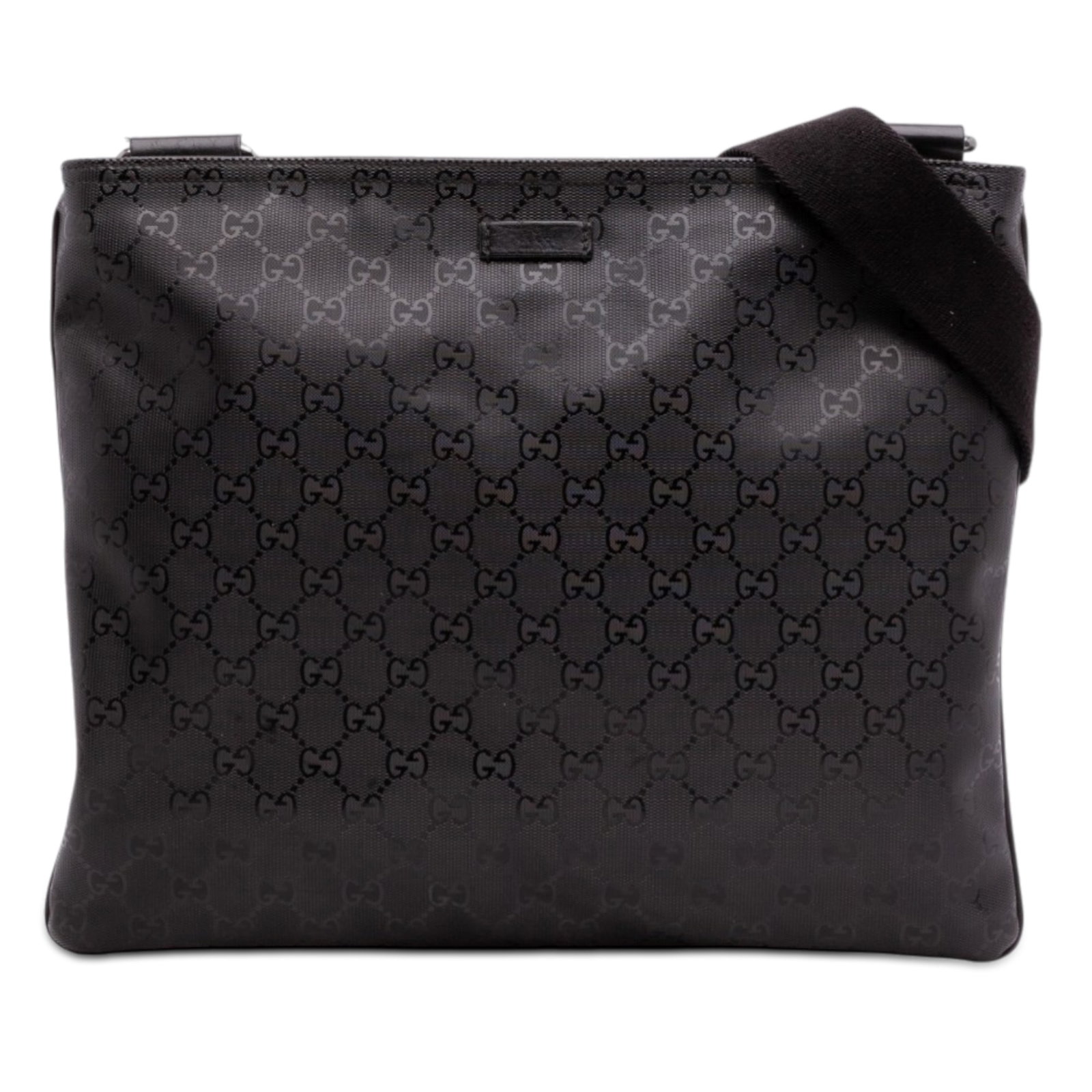 Gucci GG Imprime black coated canvas crossbody bag: Gucci GG Imprime black coated canvas crossbody bag This Gucci GG Imprime Crossbody bag features a coated canvas body with leather trim, an adjustable flat canvas strap, a top zip closure, and an inter
