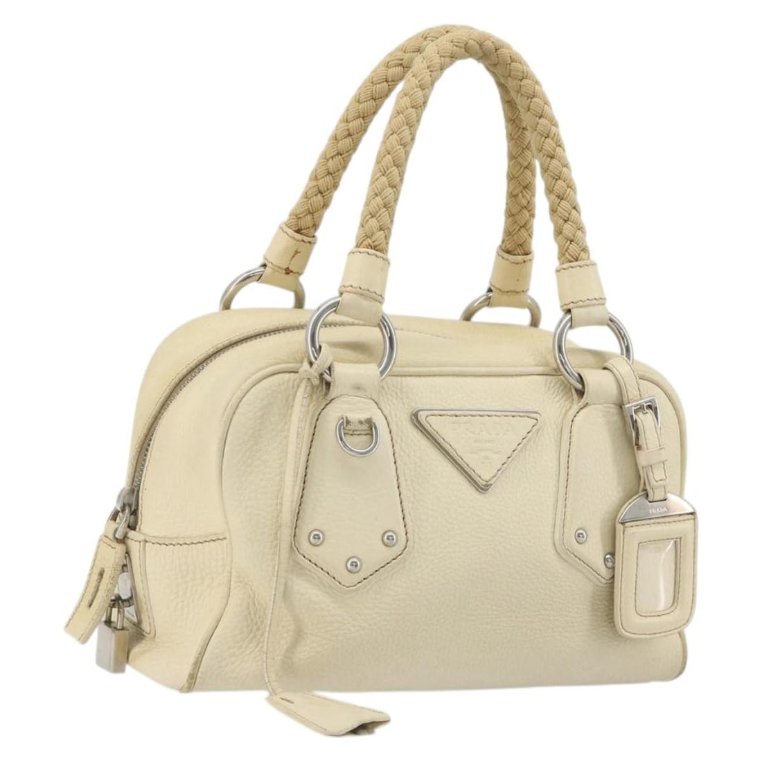 PRADA leather handbag in ivory with silver tone padlock and keys: PRADA leather handbag in ivory with silver tone padlock and keys Prada women's leather handbag in ivory and silver, made in Italy. This heavily used bag includes a padlock, two keys, clochette, and na