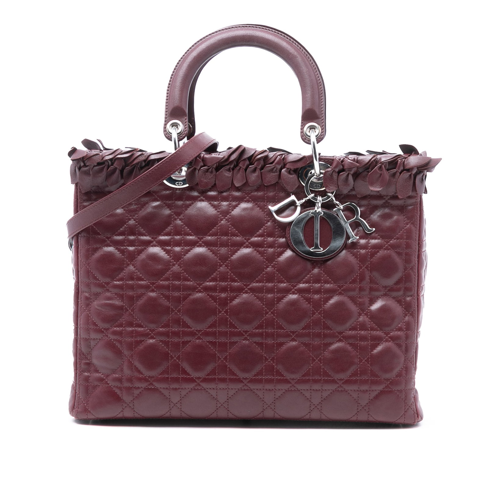 Dior Lady Dior Large Red Cannage Bow Lambskin Handbag with Strap: Dior Lady Dior Large Red Cannage Bow Lambskin Handbag with Strap This Lady Dior handbag features a quilted leather body with distinctive bow details at the top, rolled top handles, and a detachable fl