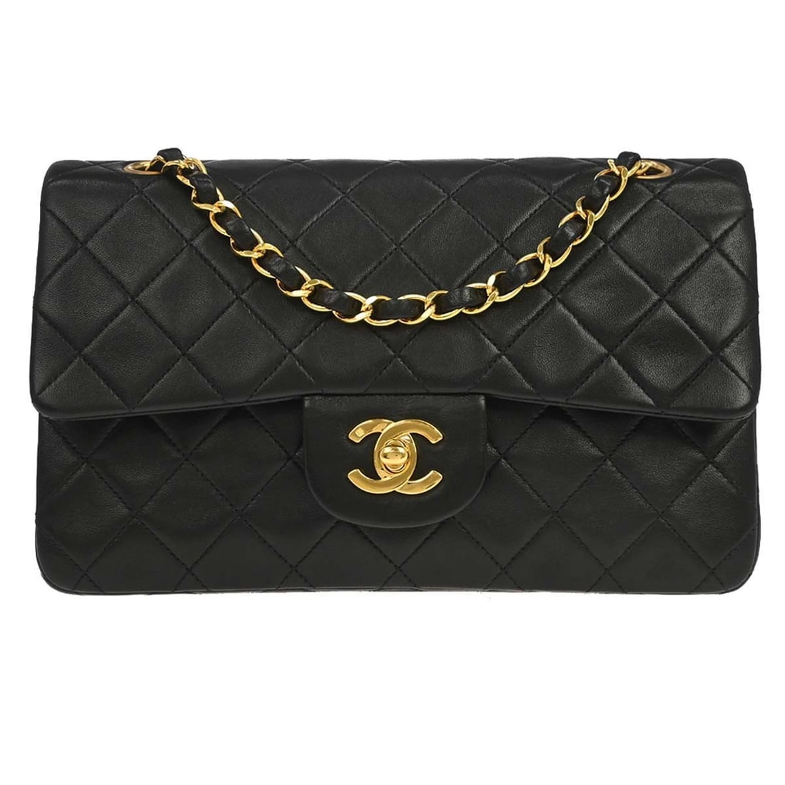 CHANEL Classic Double Flap Small Shoulder Bag Black Lambskin: CHANEL Classic Double Flap Small Shoulder Bag Black Lambskin Chanel Small Classic Double Flap Shoulder Bag in black lambskin with a matelasse pattern and flap turnlock closure. It features a shoulder 