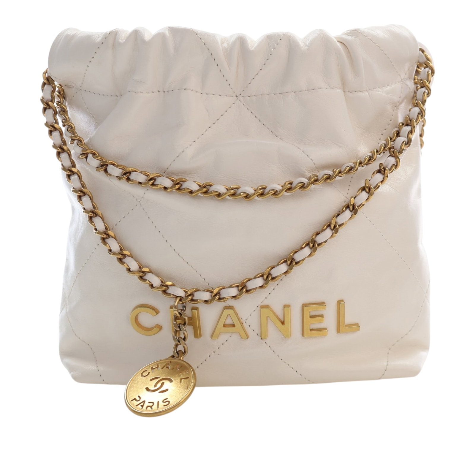 Chanel Mini 22 Hobo White Shiny Calfskin Leather Bag: Chanel Mini 22 Hobo White Shiny Calfskin Leather Bag A Chanel Mini Shiny Calfskin 22 Hobo crafted in white quilted leather. This bag features leather-woven chain handles, leather-woven chain straps, a