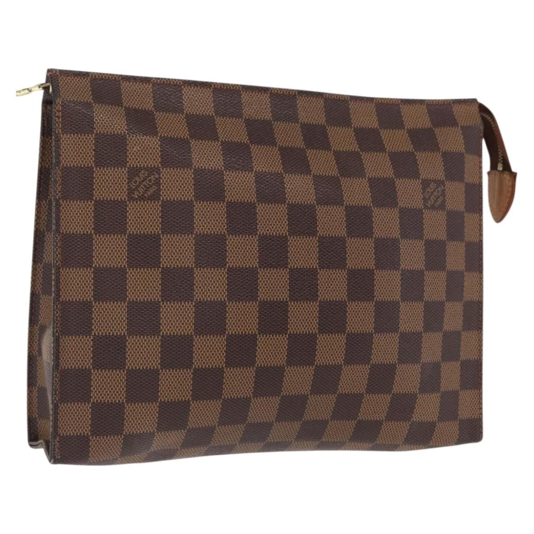 Louis Vuitton N47543 Poche Toilette 26 Damier Ebene Canvas Pouch: Louis Vuitton N47543 Poche Toilette 26 Damier Ebene Canvas Pouch Louis Vuitton Poche Toilette 26 pouch in Damier Ebene canvas. This women's pouch is made in France and shows heavy use, including an ou