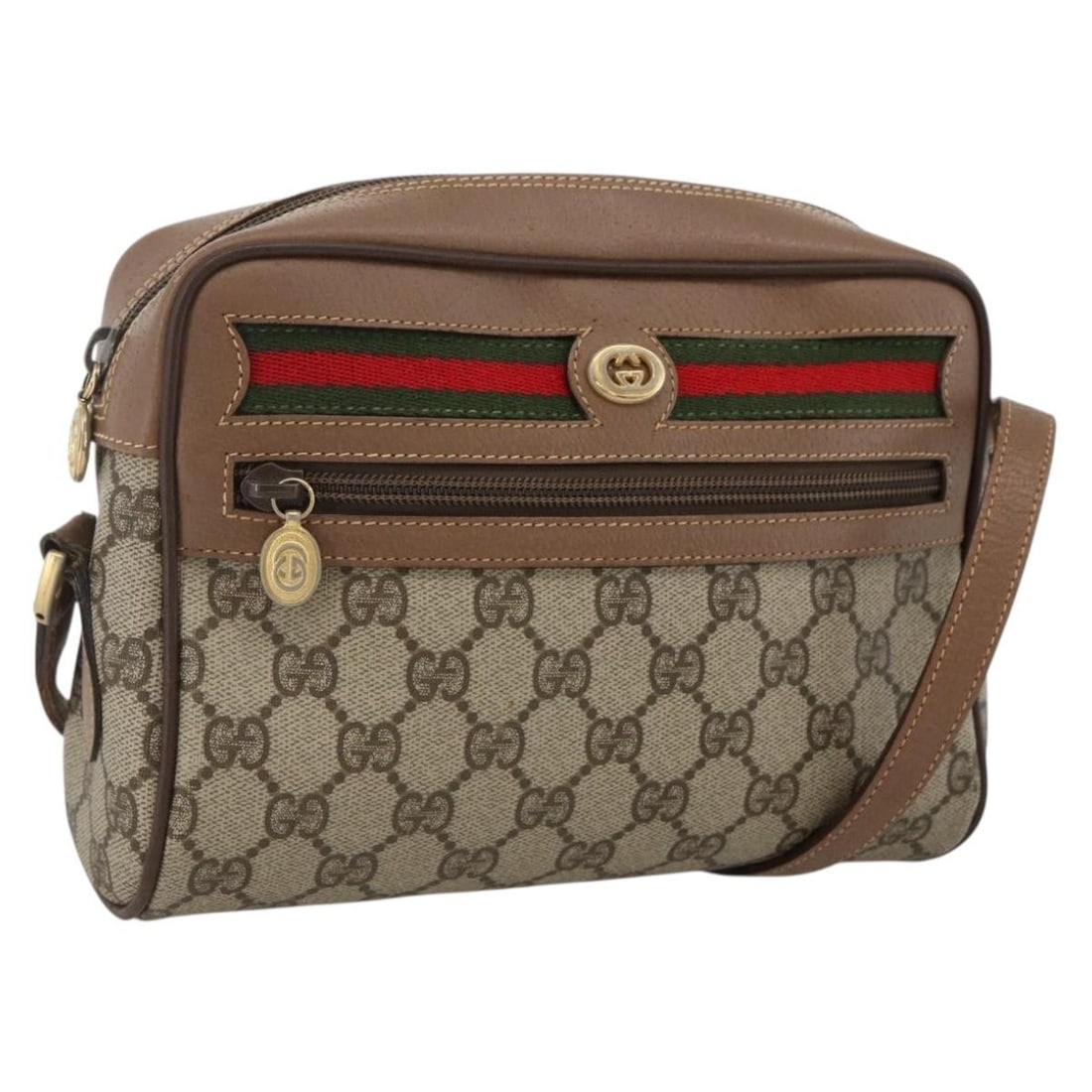 Gucci GG Supreme Sherry Line Beige PVC Shoulder Bag 001 44 6655 Gold Accent: Gucci GG Supreme Sherry Line Beige PVC Shoulder Bag 001 44 6655 Gold Accent This women's Gucci GG Supreme Web Sherry Line shoulder bag features beige and gold PVC leather with GG canvas detailing. The