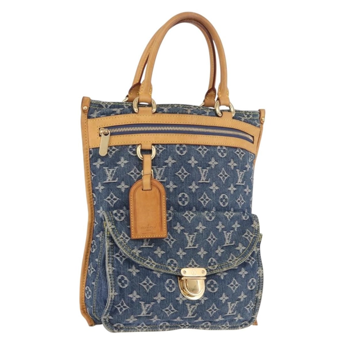 Louis Vuitton M95018 Blue Monogram Denim Tote Bag with Name Tag: Louis Vuitton M95018 Blue Monogram Denim Tote Bag with Name Tag Louis Vuitton Monogram Denim Flat Shopper tote bag in blue Monogram Denim Canvas. This women's tote includes a name tag and is made in F
