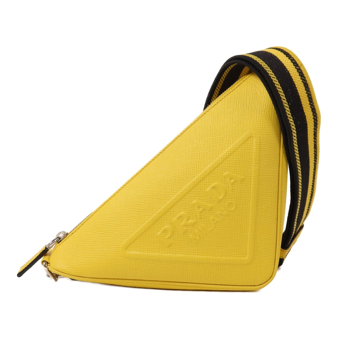 Prada Triangle Shoulder Bag Yellow Black Calfskin Leather: Prada Triangle Shoulder Bag Yellow Black Calfskin Leather A PRADA shoulder bag crafted from calfskin (cowhide) in yellow and black. This unisex bag is made in Italy and features a regular size profile