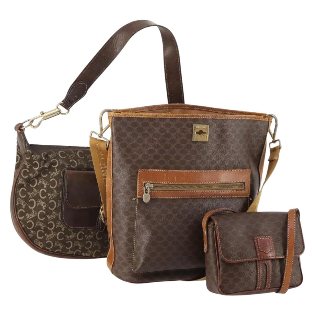 CELINE Macadam C Sulky Shoulder Bag 3 Piece Brown PVC Leather: CELINE Macadam C Sulky Shoulder Bag 3 Piece Brown PVC Leather A CELINE shoulder bag in brown PVC leather and Macadam canvas, made in Italy. This special set sale is offered as a 3-piece set, and the i