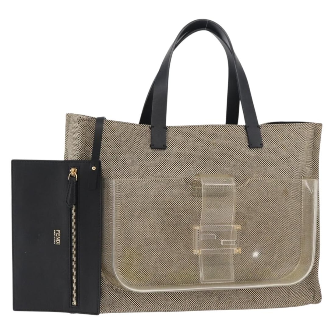 Fendi Beige Canvas Hand Bag with Pouch Made in Italy: Fendi Beige Canvas Hand Bag with Pouch Made in Italy Authentic Fendi women's handbag in beige canvas with a matching pouch. Made in Italy, this handbag features a spacious silhouette and a transparent