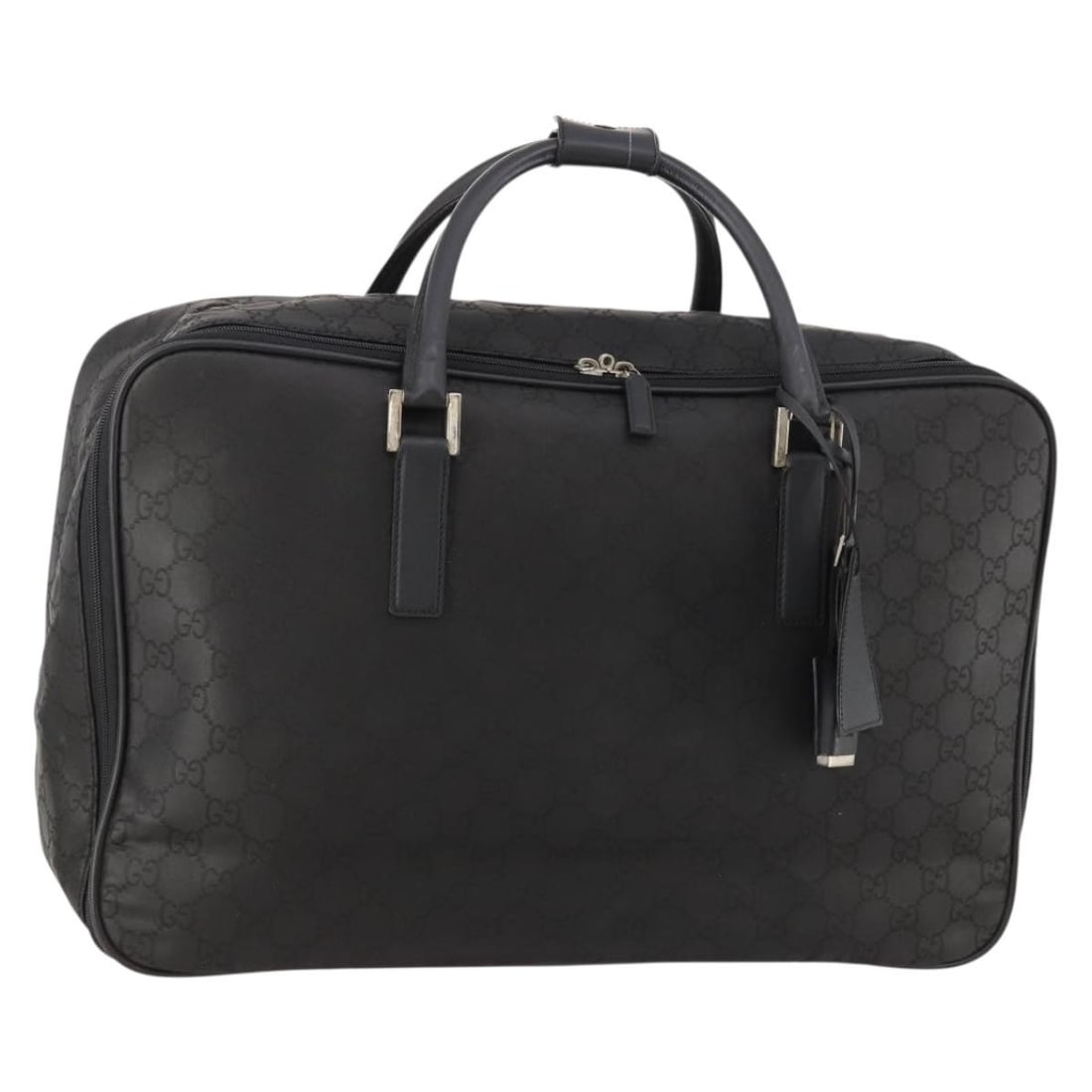 Gucci Black GG Canvas Boston Bag with Silver Accents and Name Tag: Gucci Black GG Canvas Boston Bag with Silver Accents and Name Tag This is a women's Boston bag by GUCCI, crafted from signature GG canvas in black and silver. Made in Italy, the bag features dual hand
