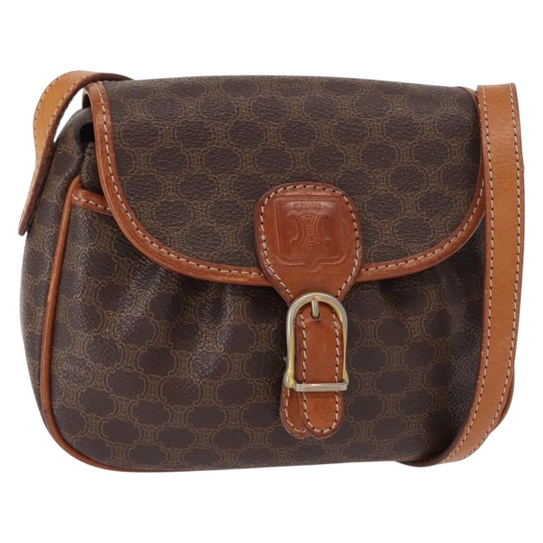 CELINE Macadam Canvas Brown Gold Shoulder Bag PVC Leather Italy Auth 151785: CELINE Macadam Canvas Brown Gold Shoulder Bag PVC Leather Italy Auth 151785 This authentic CELINE Macadam Canvas Shoulder Bag is a stylish accessory crafted from durable PVC leather and features a str