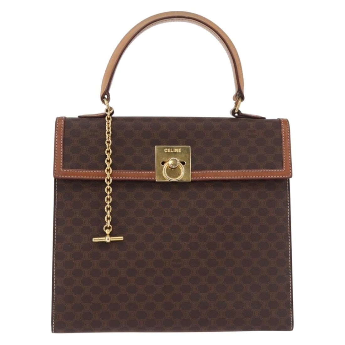 Celine Vintage Macadam Brown Canvas Handbag with Leather Trim: Celine Vintage Macadam Brown Canvas Handbag with Leather Trim Vintage Celine Macadam bag in brown canvas. This pre-owned piece is in good condition with visible signs of use, including an out-of-shape