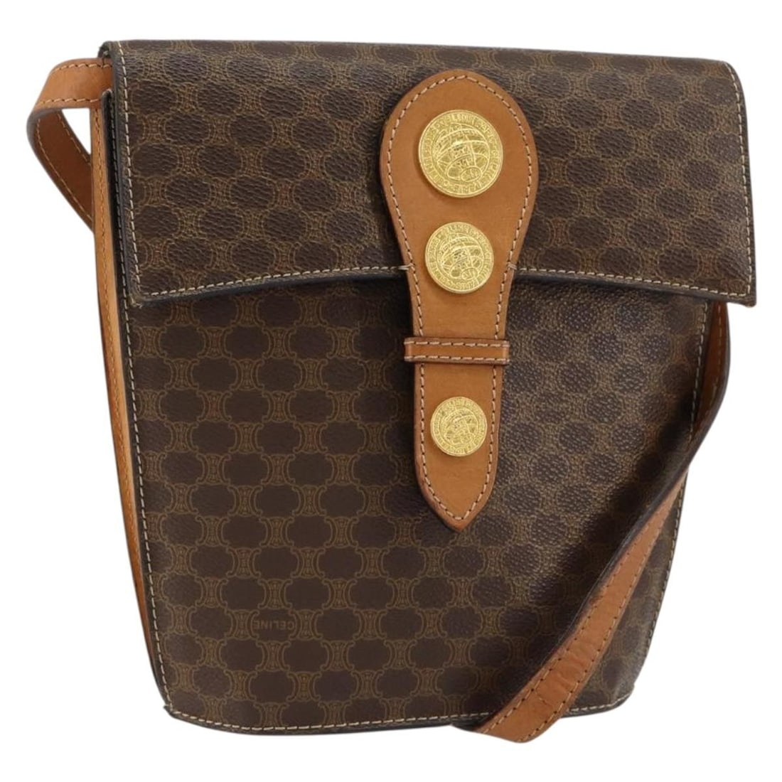 CELINE Macadam Canvas Shoulder Bag PVC Leather Brown Gold Auth F/01: CELINE Macadam Canvas Shoulder Bag PVC Leather Brown Gold Auth F/01 This CELINE Macadam Canvas Medallion Shoulder Bag is a luxurious accessory crafted from durable PVC leather and adorned with the sig