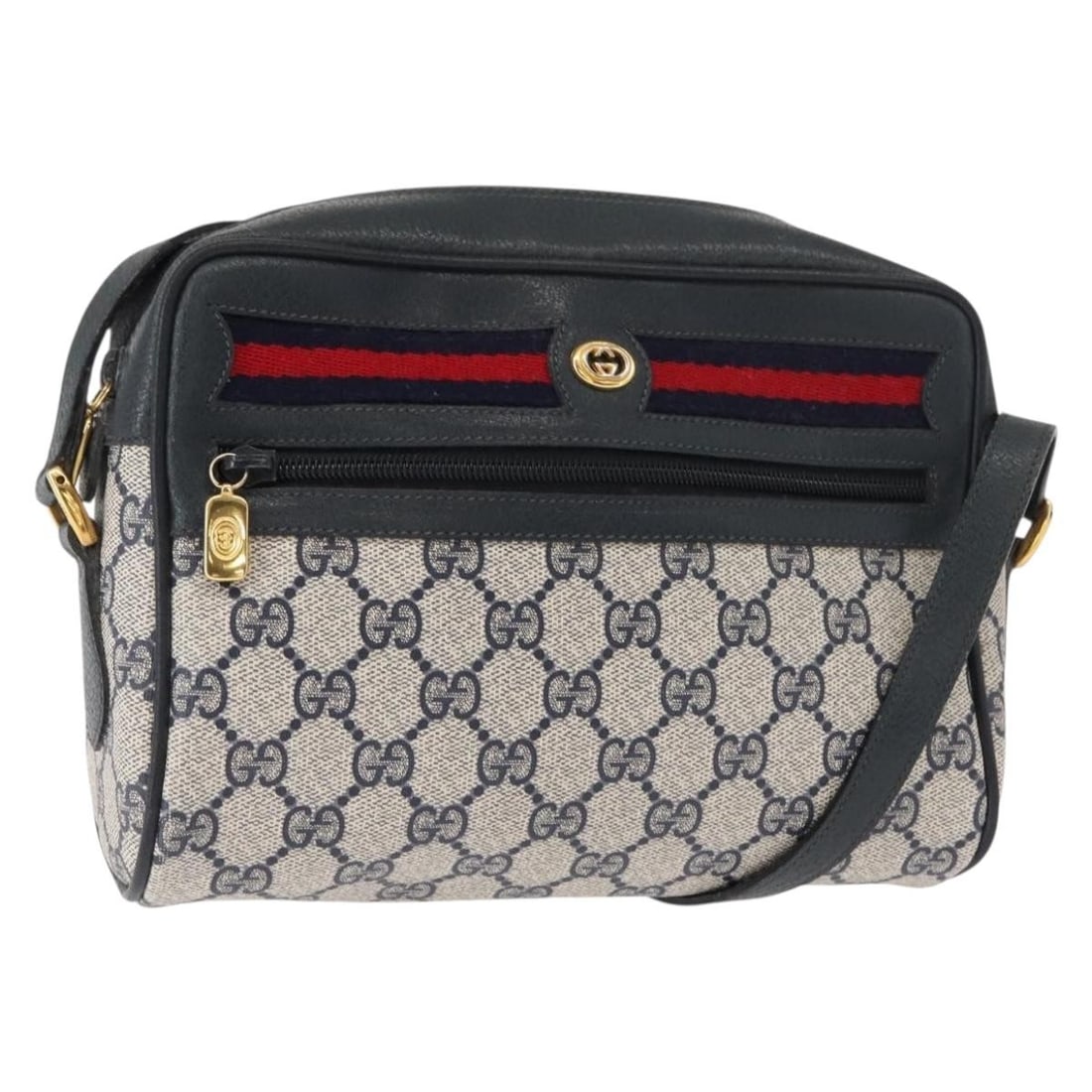 GUCCI Sherry Line GG Supreme Navy Gold Shoulder Bag: GUCCI Sherry Line GG Supreme Navy Gold Shoulder Bag This Gucci GG Supreme Sherry Line shoulder bag features a classic navy and gold color combination with PVC leather and GG canvas exterior. The bag h