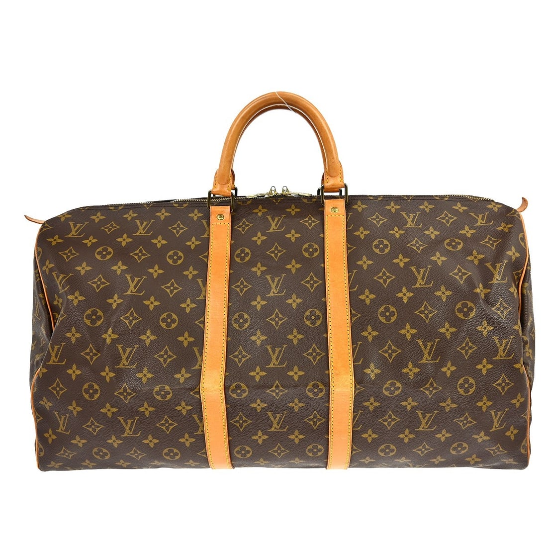 Louis Vuitton Keepall 55 Monogram Canvas Duffle Bag M41424: Louis Vuitton Keepall 55 Monogram Canvas Duffle Bag M41424 Vintage Louis Vuitton Keepall 55 travel handbag in Monogram canvas with leather trim and double handles. This extra large duffle-style bag fe