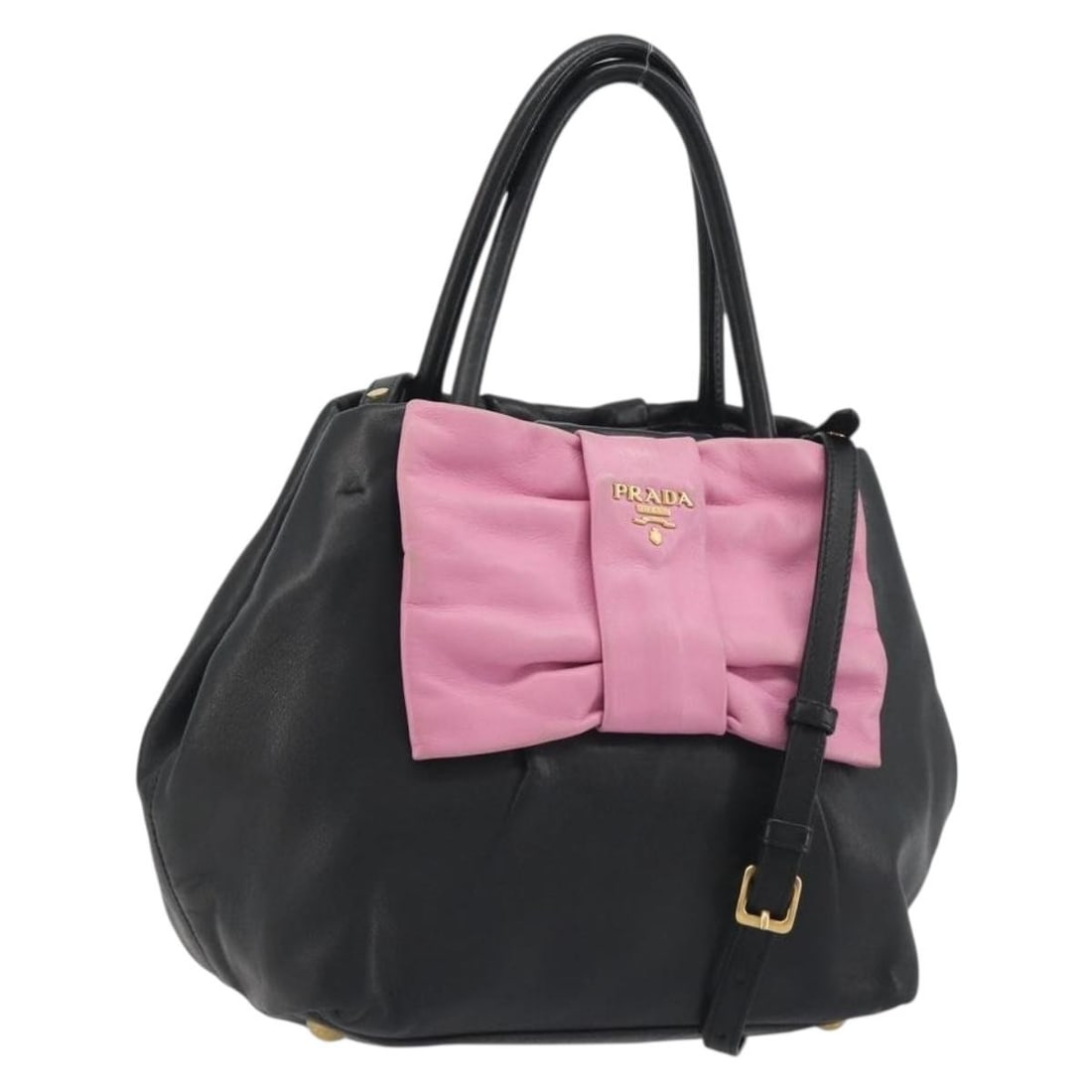 PRADA Ribbon 2way Leather Handbag Black with Strap Dust Bag: PRADA Ribbon 2way Leather Handbag Black with Strap Dust Bag Prada ribbon 2-way handbag in black leather with gold-tone accents. This women's bag includes a dust bag and shoulder strap, and can be carr