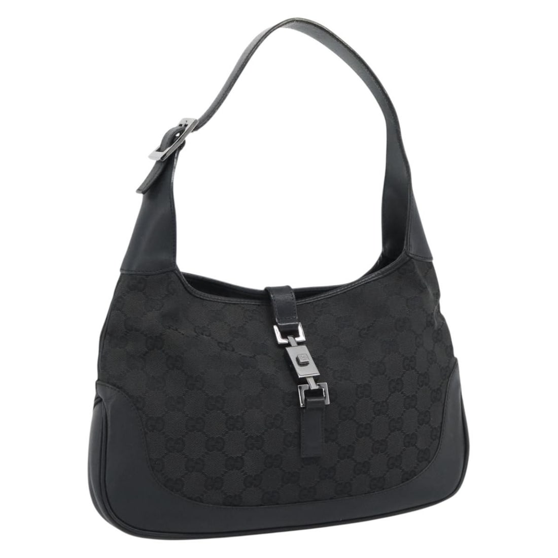GUCCI Jackie Shoulder Bag GG Canvas Black Silver 204990: GUCCI Jackie Shoulder Bag GG Canvas Black Silver 204990 Gucci GG Canvas Jackie Shoulder Bag in black and silver, made in Italy. This women's shoulder bag is crafted from GG canvas and comes with a dus