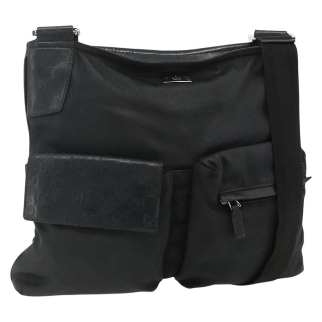 GUCCI 169937 Canvas Shoulder Bag Black Silver Womens: GUCCI 169937 Canvas Shoulder Bag Black Silver Womens GUCCI shoulder bag in black and silver canvas, made in Italy. The bag measures approximately 34 cm wide by 29 cm high, with a shoulder drop of appr