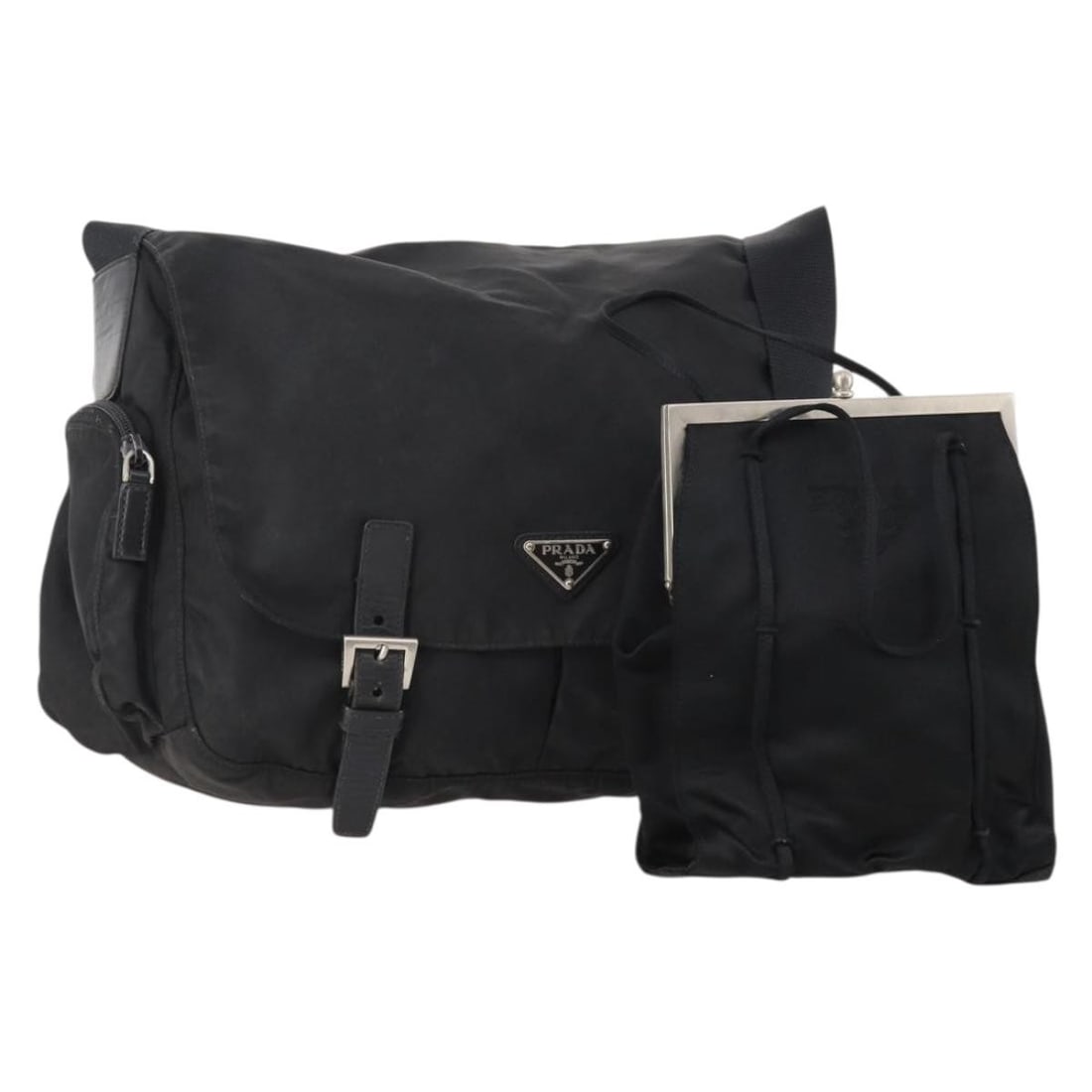 Prada black silver nylon suede shoulder bag 2-piece set: Prada black silver nylon suede shoulder bag 2-piece set Prada women's shoulder bag set in black nylon with silver-tone accents, made in Italy. This special set sale includes only the items shown in th