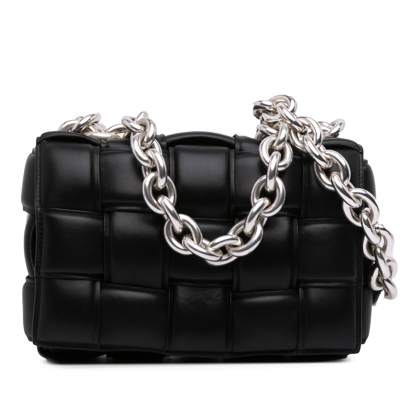 Bottega Veneta Nappa Intrecciato Padded Chain Satchel Black Leather: Bottega Veneta Nappa Intrecciato Padded Chain Satchel Black Leather The Bottega Veneta Nappa Intrecciato Padded Chain Cassette Satchel is a stylish bag crafted from woven nappa leather. It features a 