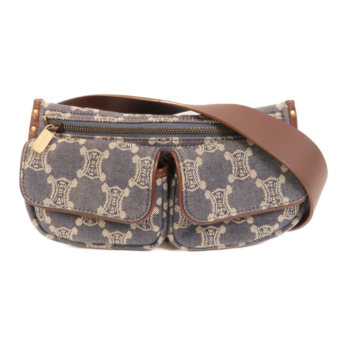 CELINE denim waist bag blue gold tone hardware: CELINE denim waist bag blue gold tone hardware Celine waist bag in blue denim, designed for women and suitable for wear as a waist bag or body bag. The bag measures approximately 24 cm wide, 12 cm hig