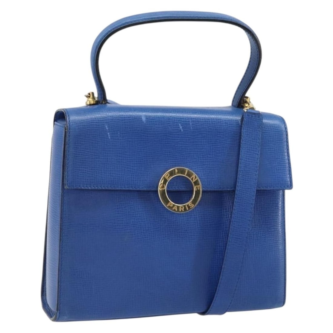 Celine Blue Leather Circle Handbag with Gold Accents and Shoulder Strap: Celine Blue Leather Circle Handbag with Gold Accents and Shoulder Strap This CELINE Circle Hand Bag is crafted from blue leather with gold-tone accents, designed for versatile use as both a handbag an