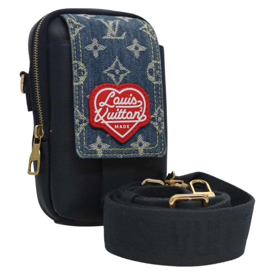 Louis Vuitton M81060 blue canvas phone pouch with strap: Louis Vuitton M81060 blue canvas phone pouch with strap Louis Vuitton LV Squared Double Phone Pouch in blue canvas. This women's pouch is made in Spain and includes a dust bag and shoulder strap. Cond