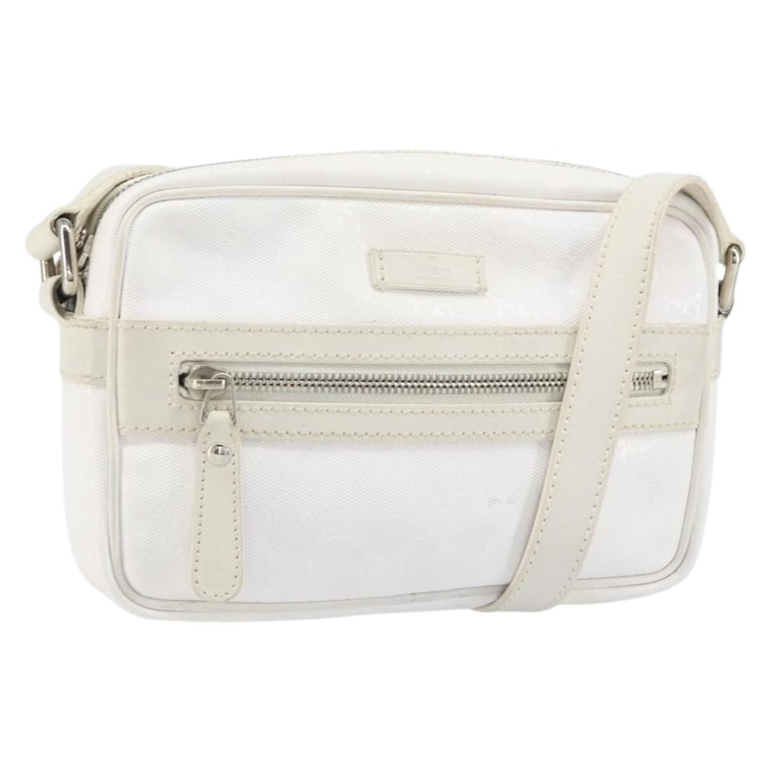 White GG Canvas Shoulder Bag by Gucci Model 201447: White GG Canvas Shoulder Bag by Gucci Model 201447 This GUCCI GG Implementation shoulder bag features a white GG canvas exterior and is crafted in Italy. The bag is designed with a compact silhouette 