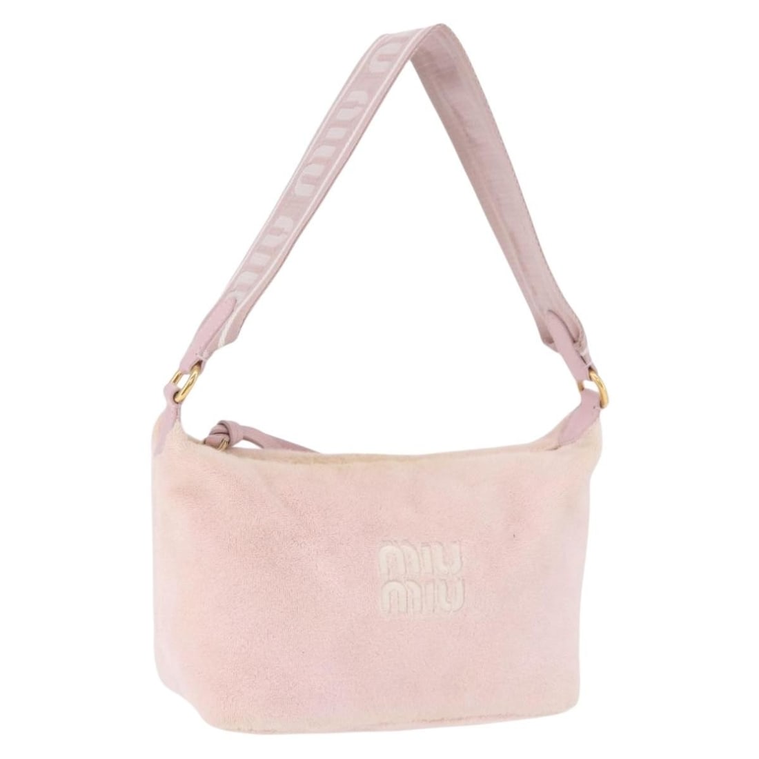 Miu Miu Pile Hand Bag Pink Gold Italy: Miu Miu Pile Hand Bag Pink Gold Italy Miu Miu hand pouch in pink and gold pile with a compact silhouette and handle for hand carry. Made in Italy. This pre-owned piece is heavily used and shows visibl