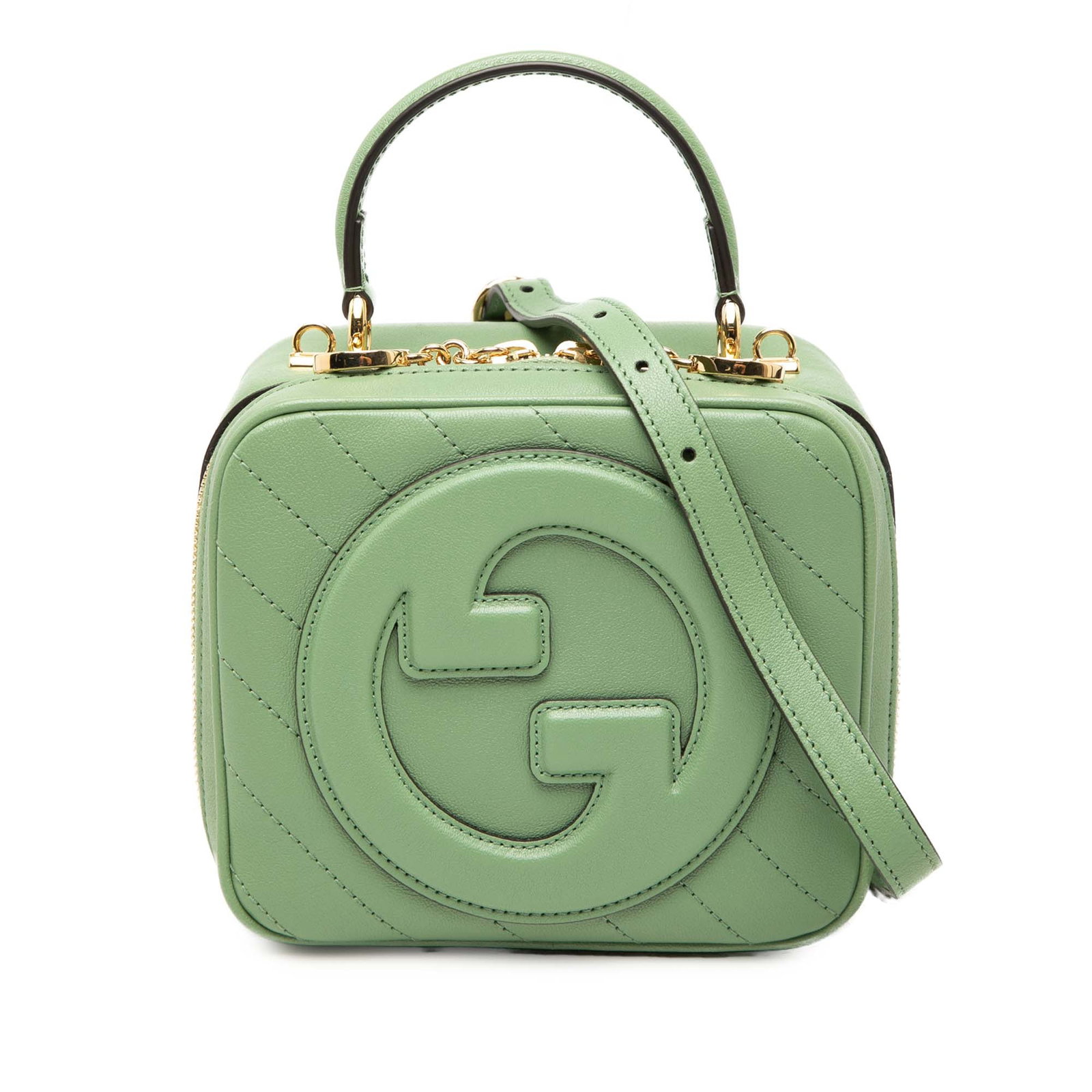 Gucci Blondie Matelasse Calfskin Leather Satchel Green: Gucci Blondie Matelasse Calfskin Leather Satchel Green Gucci Matelasse Calfskin Blondie Top Handle Satchel in green leather. This satchel features a flat top handle, a detachable and adjustable flat l