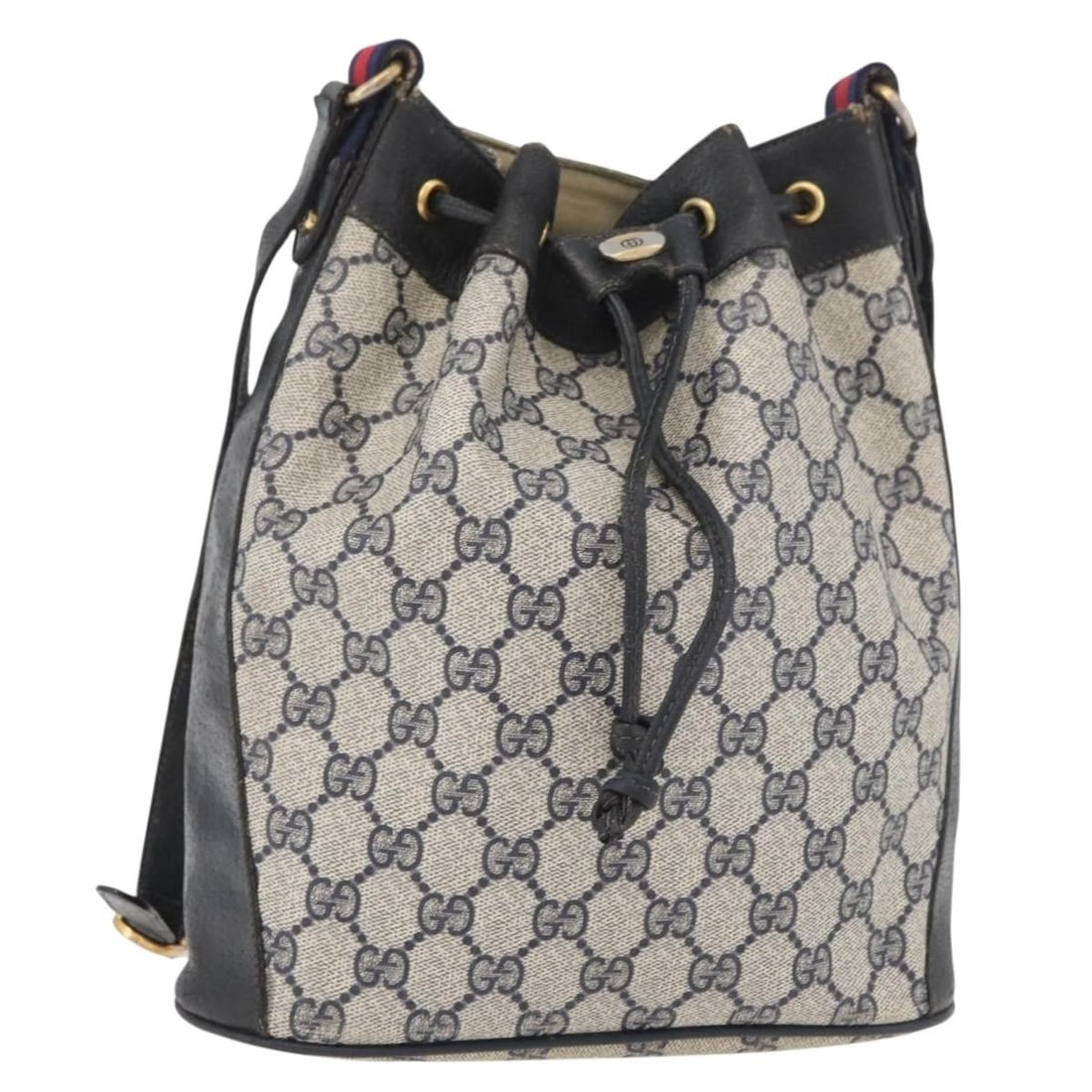 Gucci 41 02 034 GG Supreme PVC Shoulder Bag Navy Red Gold: Gucci 41 02 034 GG Supreme PVC Shoulder Bag Navy Red Gold Gucci shoulder bag from the GG Supreme Sherry Line in navy, gold, and red PVC leather with GG canvas. Made in Italy, this women's bag includes