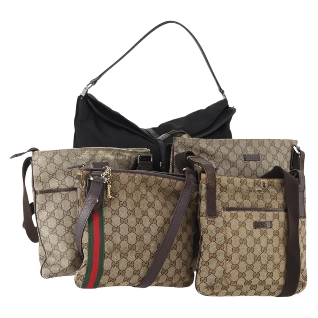 Gucci Sherry Line beige black nylon shoulder bag with charm: Gucci Sherry Line beige black nylon shoulder bag with charm This is a special set of five GUCCI GG Supreme Web Sherry Line shoulder bags crafted from beige and black nylon and GG canvas. Made in Italy