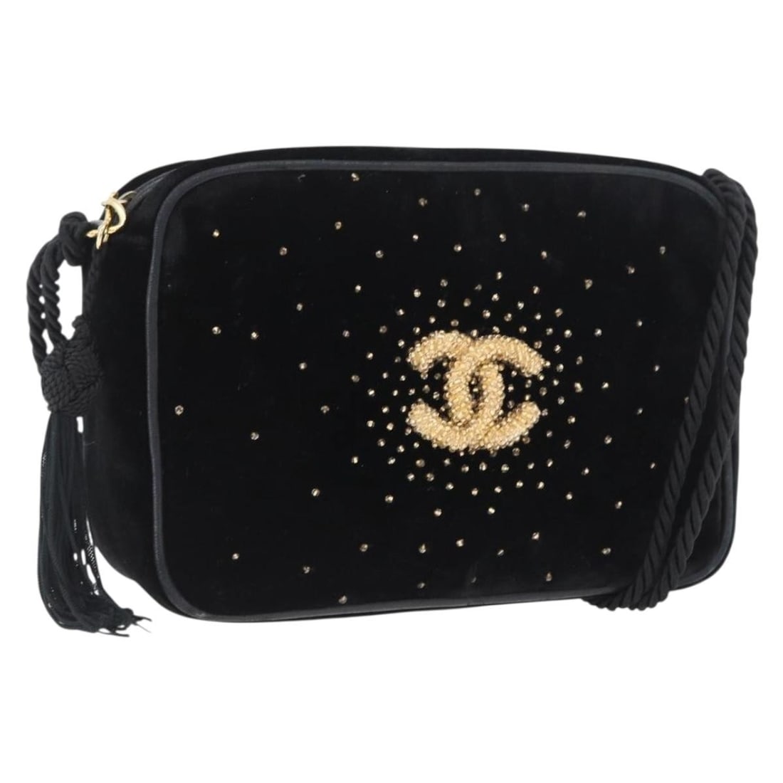 CHANEL CC Velor Shoulder Bag Black and Gold: CHANEL CC Velor Shoulder Bag Black and Gold Chanel women's shoulder bag in black velor with gold-tone detailing. Made in Italy, this bag includes a dust bag. It is a heavily used piece with visible we