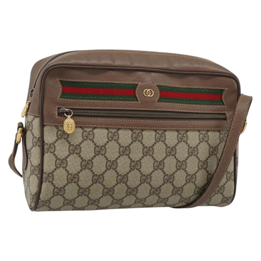 Gucci Sherry Line GG Supreme Shoulder Bag Beige Gold PVC: Gucci Sherry Line GG Supreme Shoulder Bag Beige Gold PVC Vintage Gucci shoulder bag in beige GG Supreme canvas with PVC leather trim and gold-tone accents. This women's bag features the Web Sherry lin