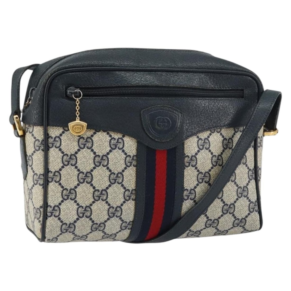 GUCCI GG Supreme Sherry Line Navy Gold Red Shoulder Bag Authentic: GUCCI GG Supreme Sherry Line Navy Gold Red Shoulder Bag Authentic Introducing the GUCCI GG Supreme Sherry Line Shoulder Bag, a stylish accessory crafted from durable PVC leather and GG canvas. This ch