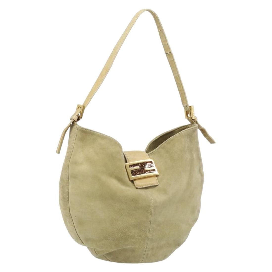 FENDI Mamma Baguette Suede Shoulder Bag Beige Gold Tone Italy: FENDI Mamma Baguette Suede Shoulder Bag Beige Gold Tone Italy Fendi Mamma Baguette shoulder bag in beige suede with gold-tone exterior details. Made in Italy, this women's shoulder bag measures approx